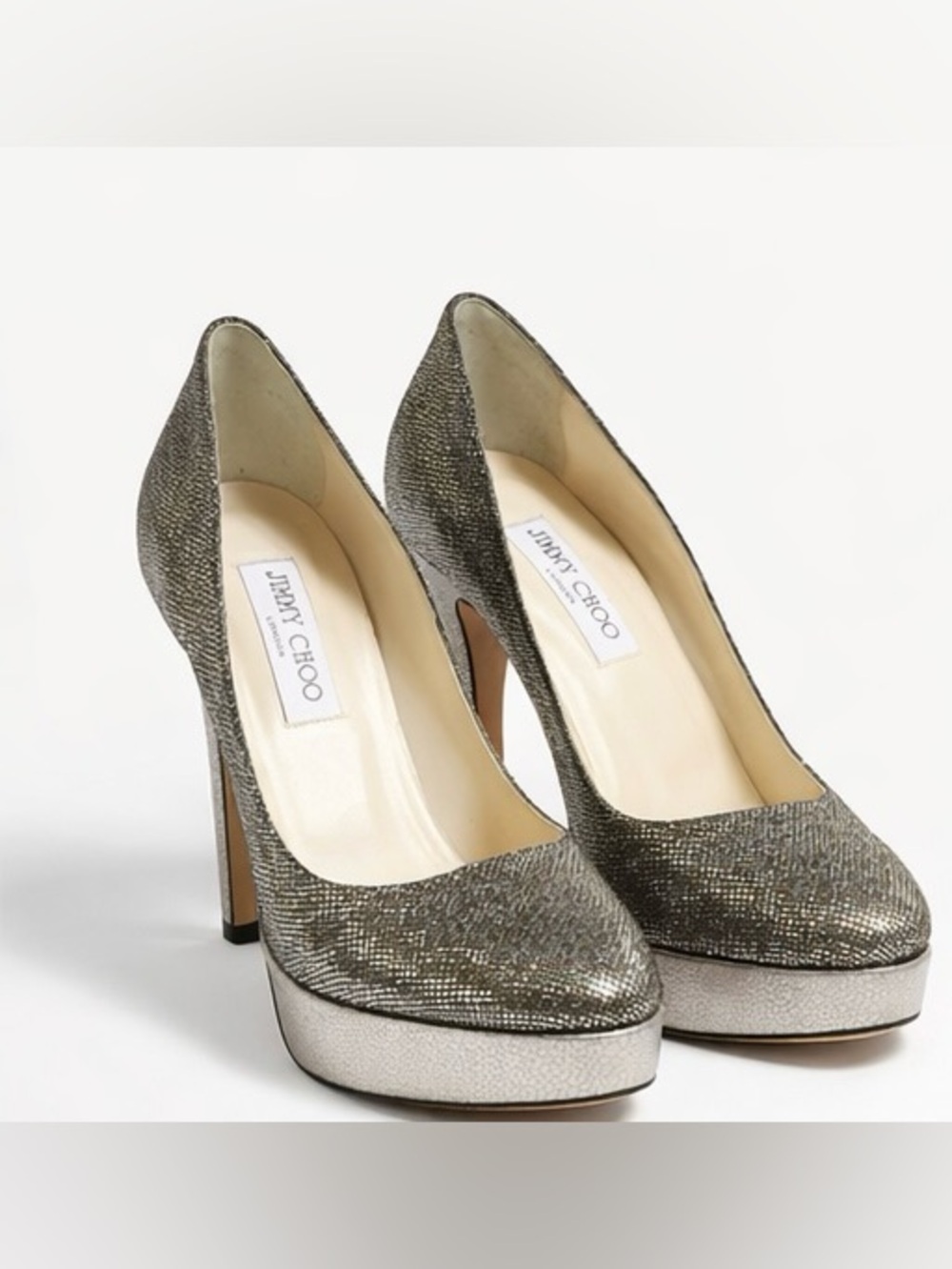 Jimmy Choo Metallic Platform Pumps Size 37.5 Stiletto Heels Italy Luxury